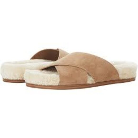 Marc Fisher LTD Women's Canna Shearling Slide‎ Sandals Size 7 Suede Leather Chia - Picture 2 of 11